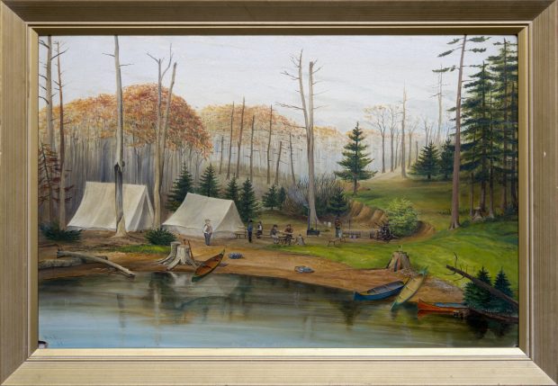 Painting of men gathered at a campsite with canoes in foreground and several tall trees in background