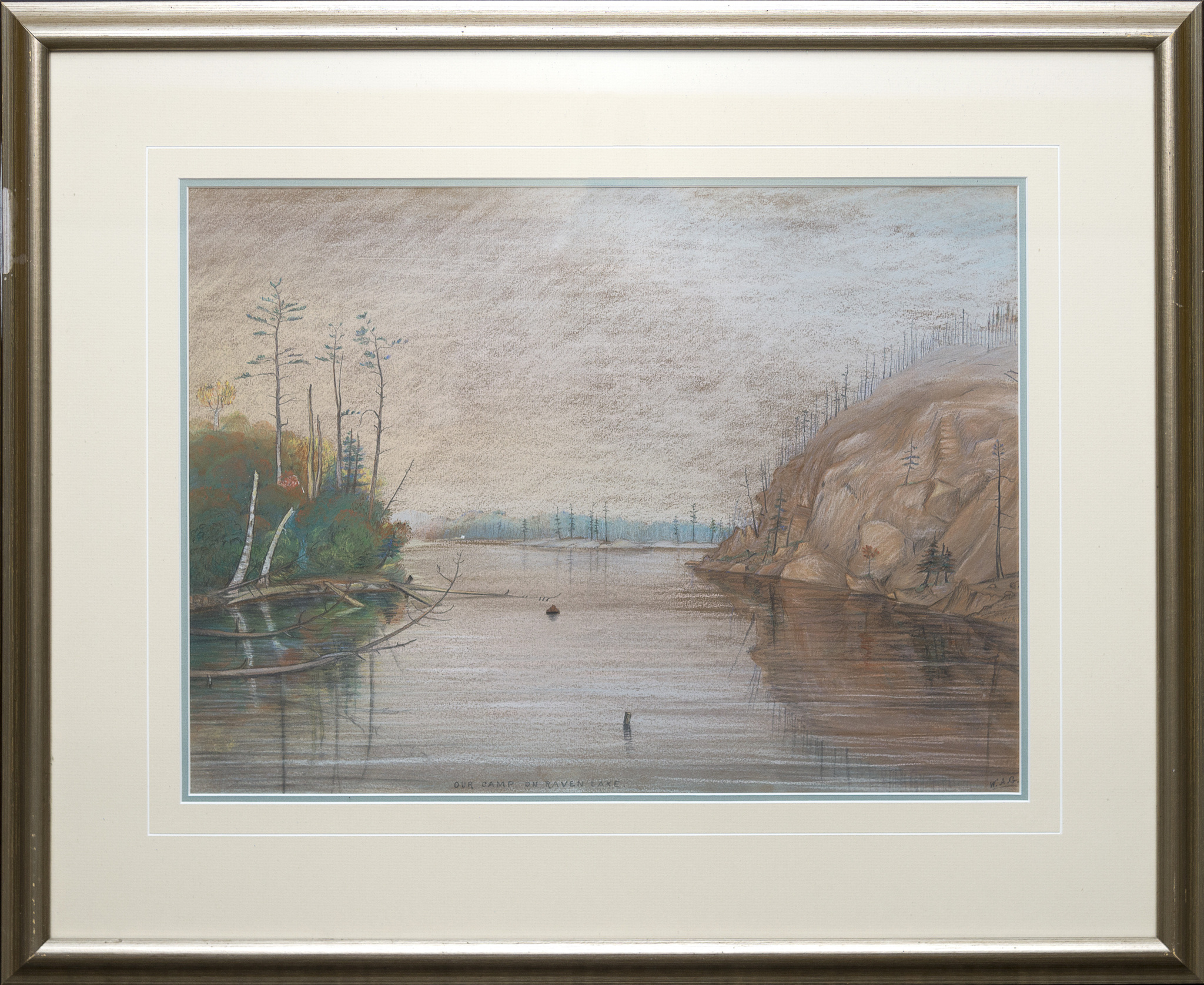 Pastel drawing of lake scene, bordered by trees and cliffs.