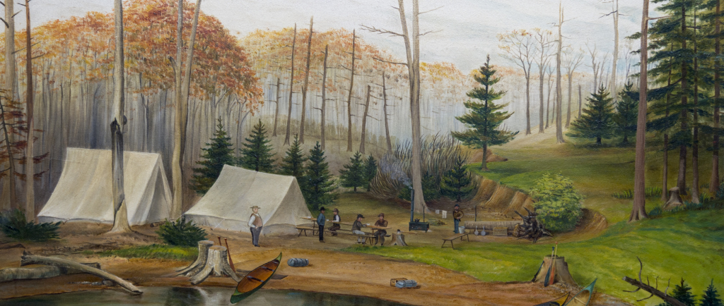 Painting of men gathered at a campsite with canoes in foreground and several tall trees in background.