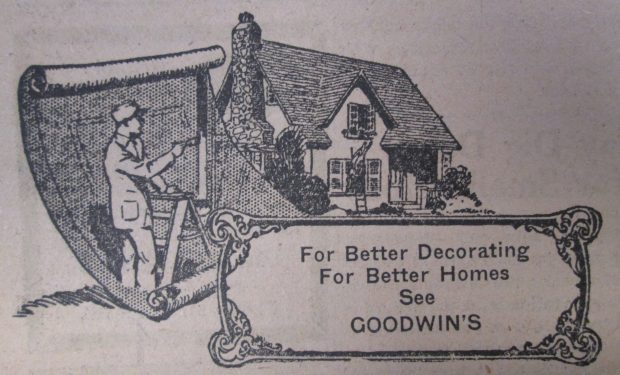 Image of illustrated advertisement showing a man on a ladder behind a giant roll of wallpaper, looking towards a house