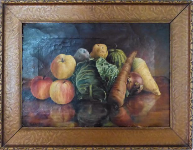 Arrangement of fruits and vegetables, reflected in surface of table