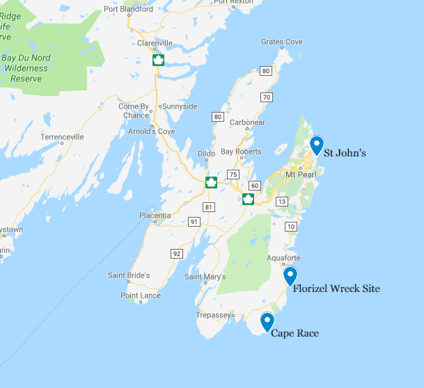 Map of the Avalon peninsula showing locations to the Florizel including: St. John's, the Florizel Wreck Site, and Cape Race