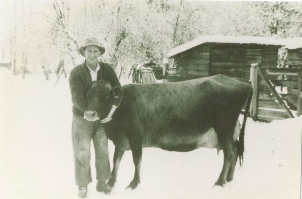 A man is smiling and hugging a large dairy cow. It is winter and the trees are covered in snow. There is a wooden fence and barn close by.