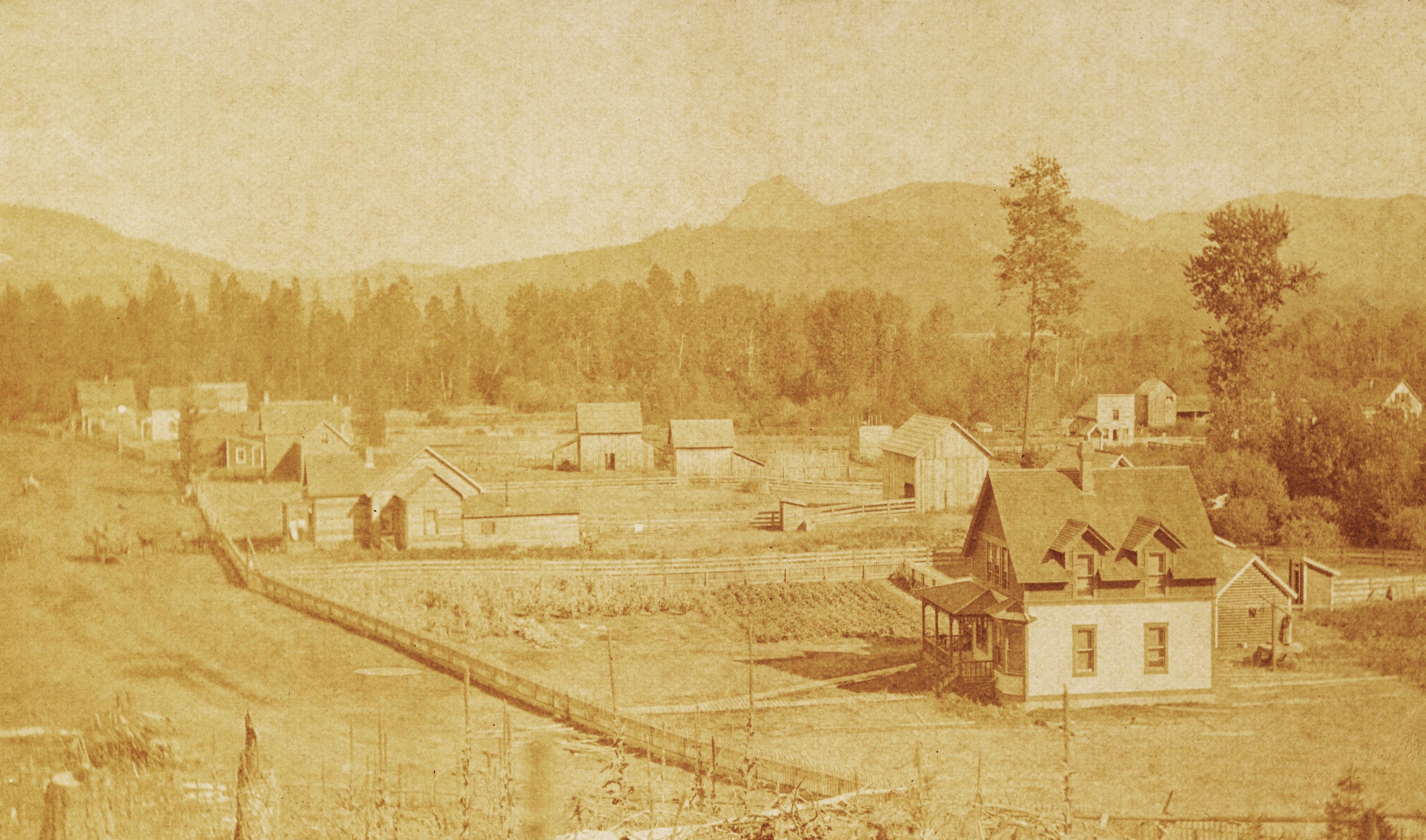 A pioneer settlement is surrounded by forest and mountains. There are several wooden sheds, barns and houses. The largest house has a large garden and wooden fence.