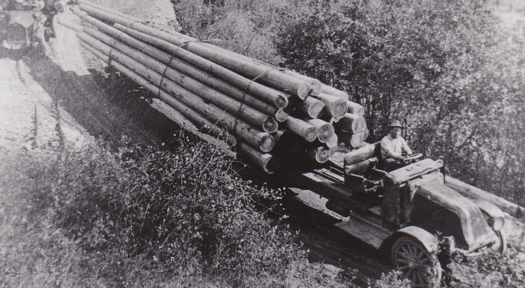 An old logging truck with no cab and wooden wheels is travelling on a narrow dirt road. The truck is loaded with wooden poles. The driver is sitting on a bench directly in front of the poles.