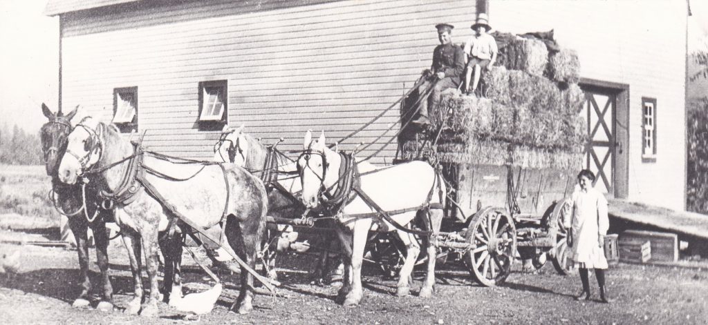 A soldier is sitting on a wagon loaded with hay bales. The wagon is being pulled by four horses. A small boy is sitting on the wagon with the soldier and a young girl is standing beside the wagon.