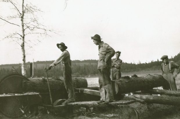 Four men are working beside a primitive sawmill. The saw is cutting a large Larch log and another large log is on the carriage waiting to be cut. The sawmill is in an open field.