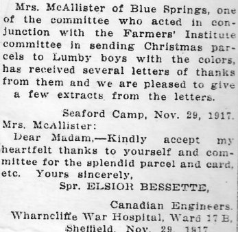 A letter to the editor from a soldier fighting in World War 1. The soldier is thanking ladies from back home for the Christmas parcel