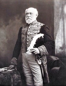 Un homme âgé et barbu se tient debout en uniforme de Windsor, tenant un bicorne sous son bras gauche. 