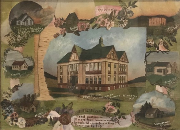 A painting of seven one-room schoolhouses circling a large two and a half storey school building.