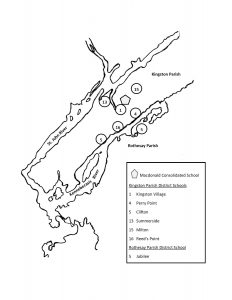 Carte montrant l’emplacement approximatif des écoles paroissiales de Kingston et Rothesay qui ont été regroupées.