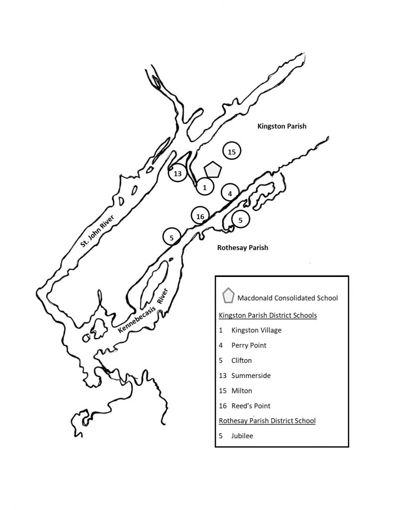 Map showing the approximate location of Kingston and Rothesay parish district schools that consolidated.