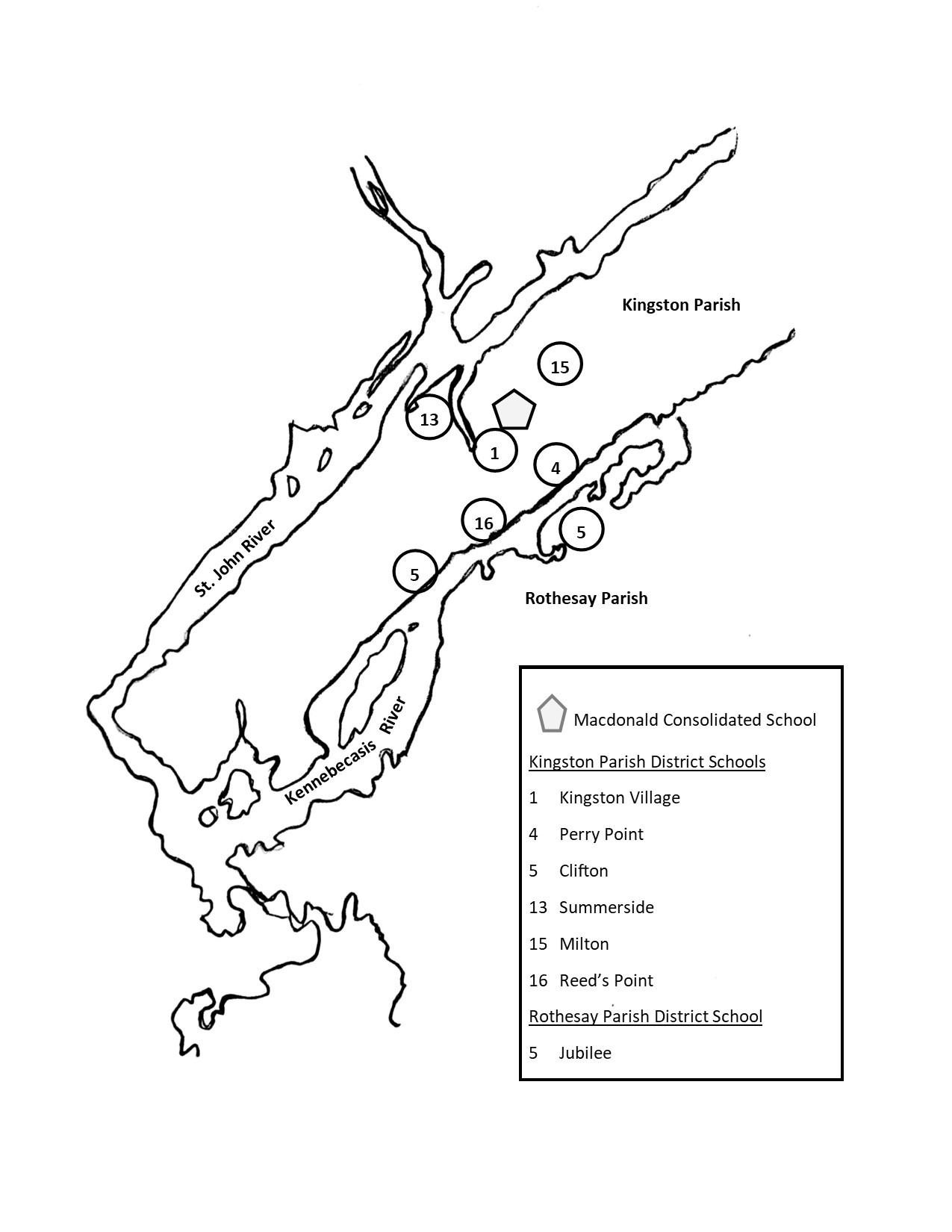 Map showing the approximate location of Kingston and Rothesay parish district schools that consolidated.