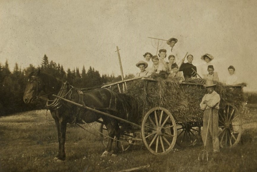 A man with a hay fork stands beside a wagon of hay pulled by a horse. 11 Family members of all ages sit on top of the hay.