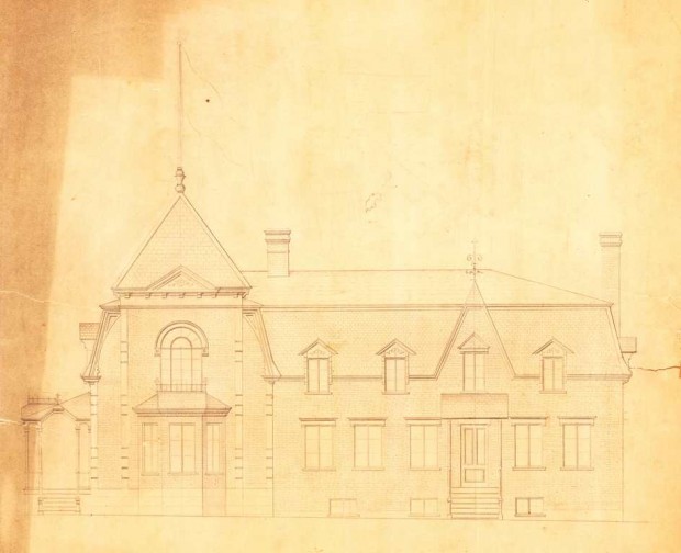 Drawing of the south side of the manor. All the architectural details are included.