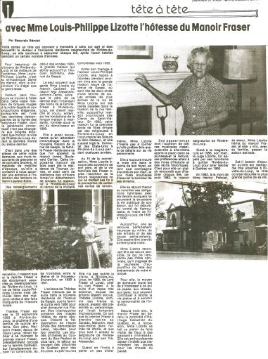 Newspaper article with the headline A conversation with Madame Louis-Philippe Lizotte, hostess of Manoir Fraser and three photographs: Thérèse Fraser Lizotte outside, Thérèse inside the manor, and a view of the exterior of the building.