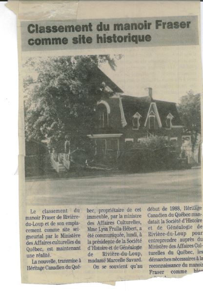 Newspaper article with the headline Classification of Manoir Fraser as a historical site and a photograph of the Manoir.