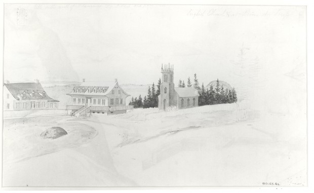 Black-and-white image of a watercolour painting of a winter landscape showing a small church with a central steeple and two houses with pitched roofs. The river appears in the background.