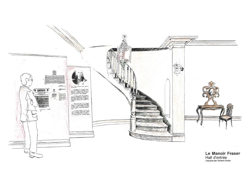 Colour drawing of the entrance hall of Manor Fraser. On the left, a man reads the explanatory panel. In the centre is a staircase, and on the right, a table and a chair.