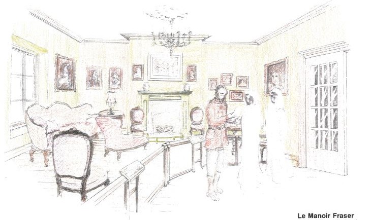 A colour drawing of a richly appointed drawing room furnished with several chairs, paintings, and a fireplace. In the foreground, a man is explaining something to two listeners, depicted only by their faces.