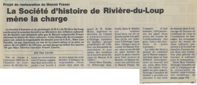 Newspaper article with the headline La Société d’histoire de Rivière-du-Loup leads the charge.