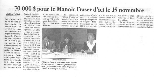 Newspaper article with the headline $70,000 for Manoir Fraser before November 15 and a photograph of a man and two women sitting at a table.