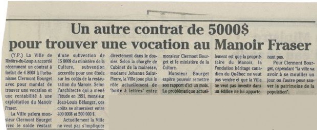 Newspaper article with the heading Another $5,000 contract to find a vocation for Manoir Fraser.