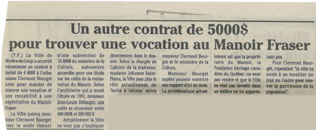 Newspaper article with the heading Another $5,000 contract to find a vocation for Manoir Fraser.