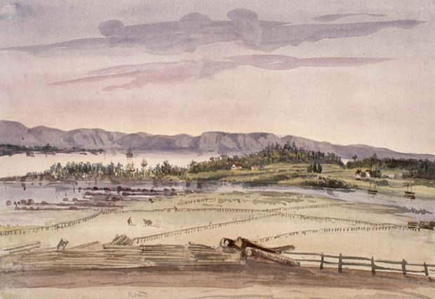 A watercolour painting of a landscape with fenced fields in the foreground and a few houses in the distance. A river and mountains are in the background.