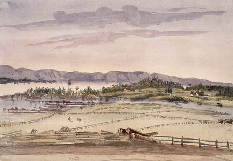 Aquarelle en couleur. Paysage montrant de nombreux champs clôturés à l’avant-plan ainsi qu’une rivière et quelques lointaines habitations. À l’arrière-plan, on distingue le fleuve et les montagnes.