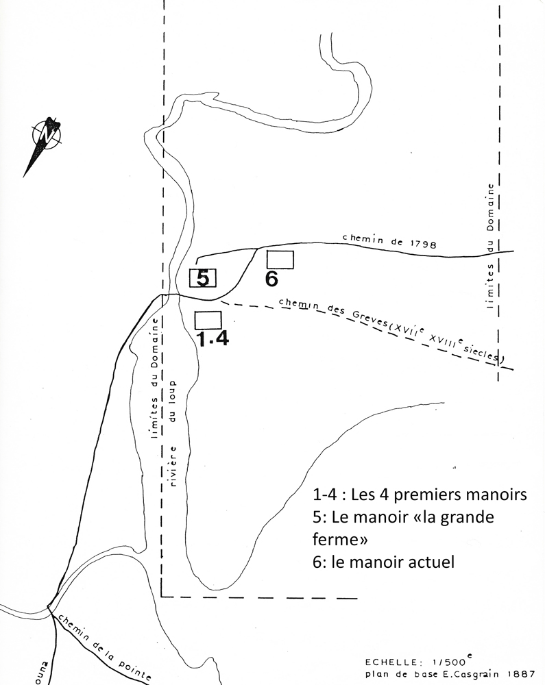 Black-and-white image of a map of the seigniorial domain showing the location of the manors near the Rivière du Loup river.