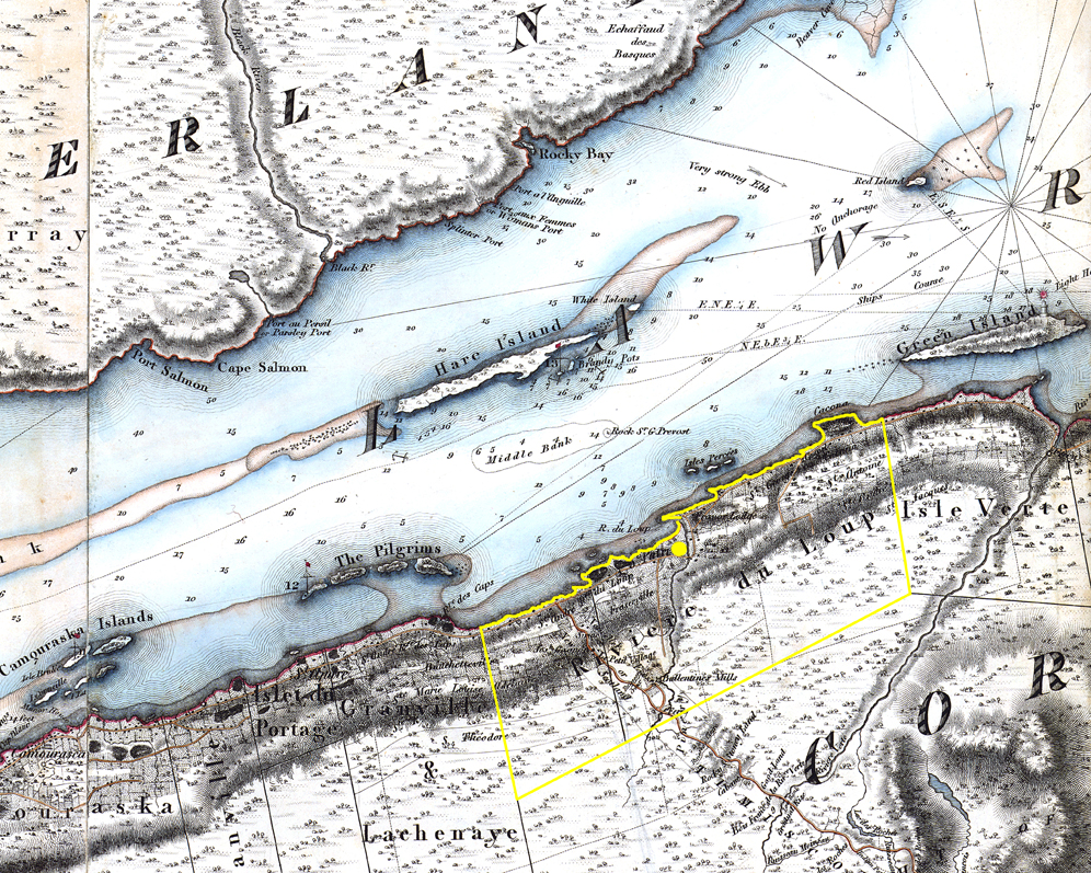 Image couleur. Détail d'une carte montrant les limites de la seigneurie de Rivière-du-Loup.