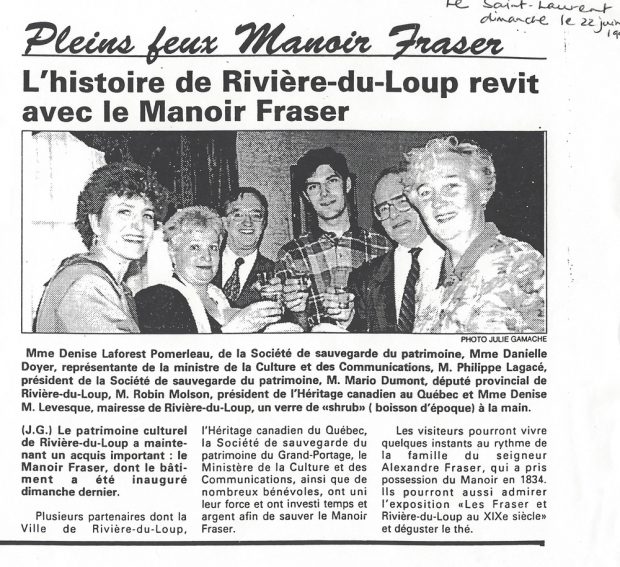 Newspaper article with the headline The history of Rivière-du-Loup comes to life at Manoir Fraser and a photo of the partners involved in the restoration.