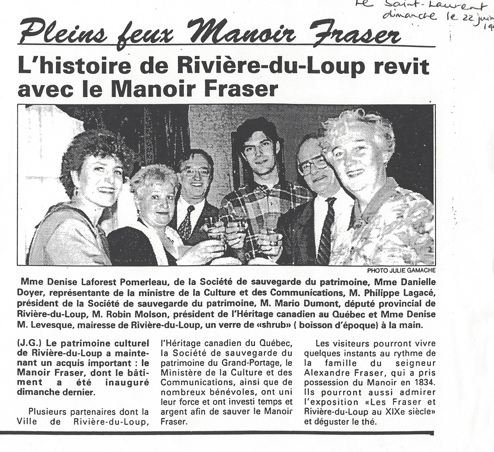 Newspaper article with the headline The history of Rivière-du-Loup comes to life at Manoir Fraser and a photo of the partners involved in the restoration.