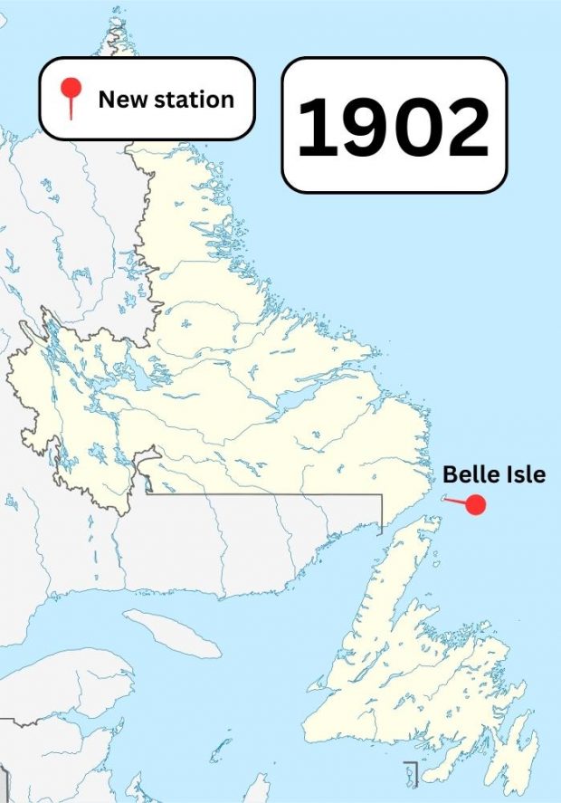 A colour map of Newfoundland and Labrador showing known Marconi wireless stations in the area in 1902. A pin shows a new station built in Belle Isle.