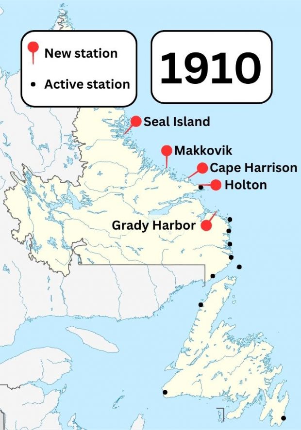 A colour map of Newfoundland and Labrador showing known Marconi wireless stations in the area in 1910. Pins show new stations built in Seal Island, Makkovik, Cape Harrison, Holton, and Grady Harbor.