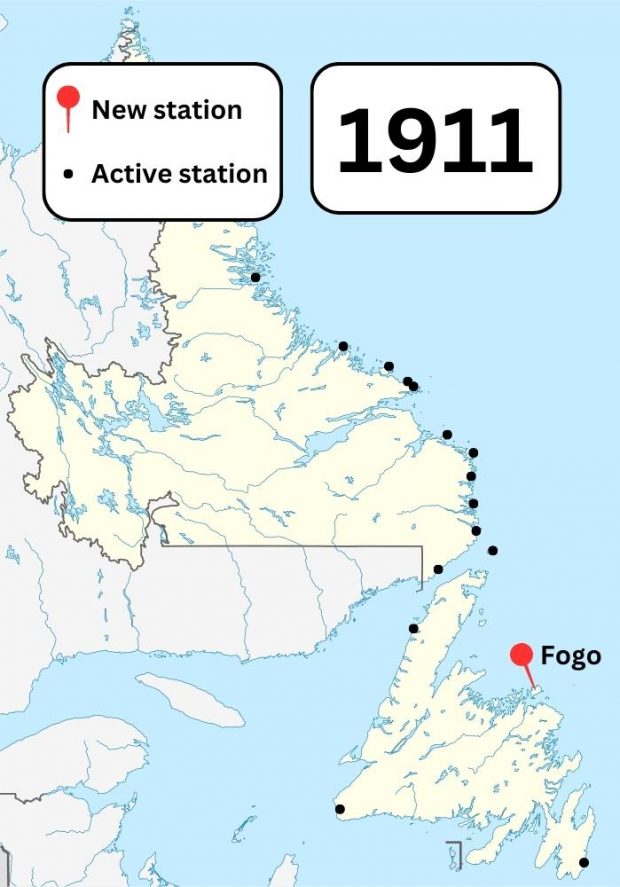 A colour map of Newfoundland and Labrador showing known Marconi wireless stations in the area in 1911. A pin shows a new station built in Fogo.