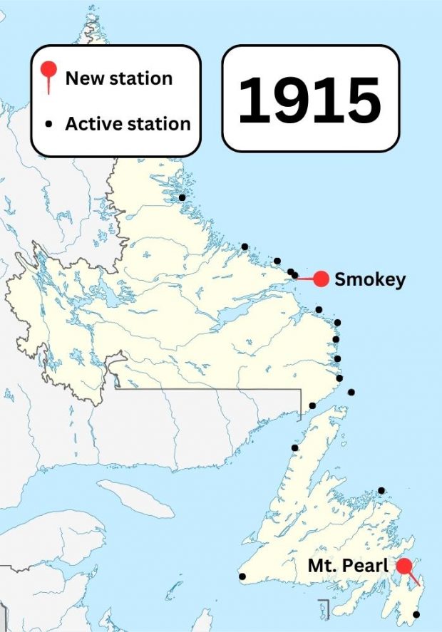 A colour map of Newfoundland and Labrador showing known Marconi wireless stations in the area in 1915. Pins show new stations built in Smokey and Mt. Pearl.