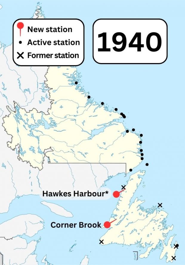 A colour map of Newfoundland and Labrador showing known Marconi wireless stations and former Marconi wireless stations in the area in 1940. Pins show new stations built in Hawkes Harbour and Corner Brook.
