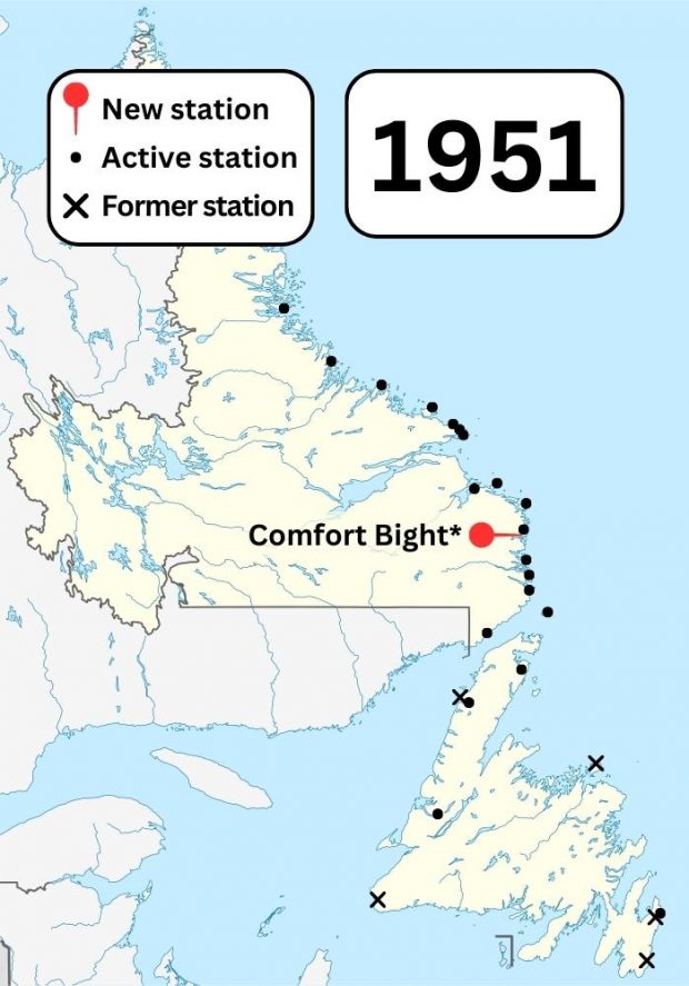 A colour map of Newfoundland and Labrador showing known Marconi wireless stations and former Marconi wireless stations in the area in 1951. A pin shows a new station built in Comfort Bight.
