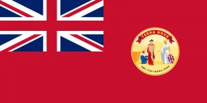 Sur un rectangle horizontal rouge figurent le drapeau de l’Union royale et le grand sceau de Terre-Neuve.