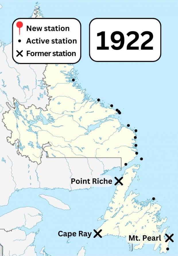 A colour map of Newfoundland and Labrador showing known Marconi wireless stations and former Marconi wireless stations in the area in 1922. Crosses show stations closed in Point Riche, Cape Ray, and Mt. Pearl.