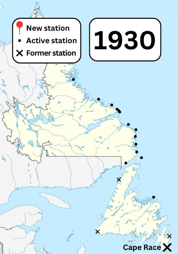A colour map of Newfoundland and Labrador showing known Marconi wireless stations and former Marconi wireless stations in the area in 1930. A cross shows a station closed in Cape Race.