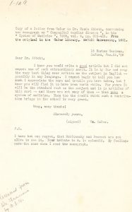 Copie d’une lettre du Dr. Osler à Dr. Maude Abbott datée du 23 janvier 1908, encre noire sur papier sépia. Le docteur la félicite pour la qualité d’un article qu’elle a rédigé.