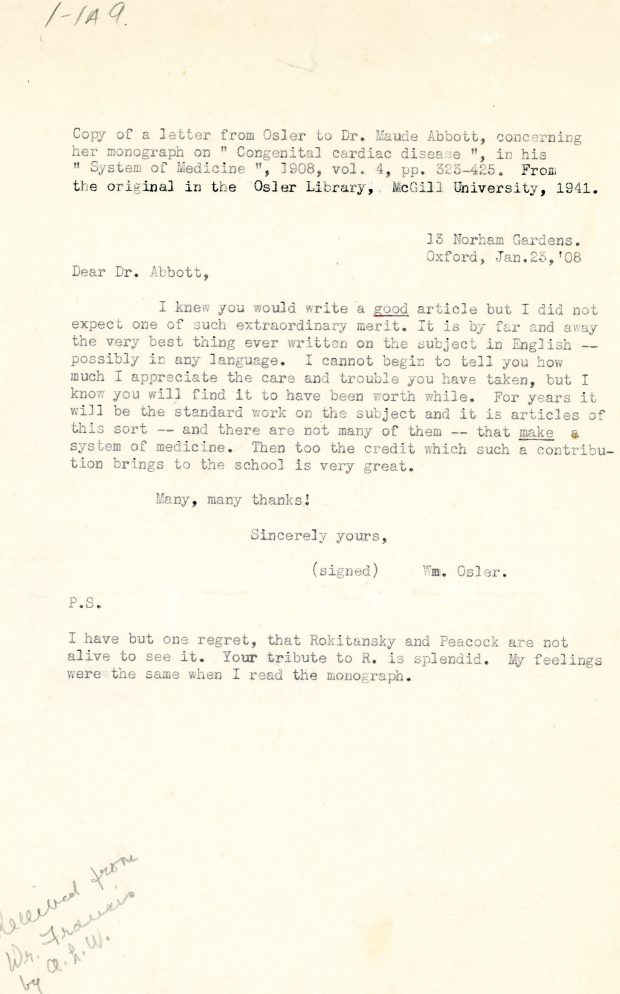 Copy of a letter from Dr. Osler to Dr. Maude Abbott dated January 23, 1908, black ink on sepia paper. The doctor congratulates her on the quality of an article she wrote.