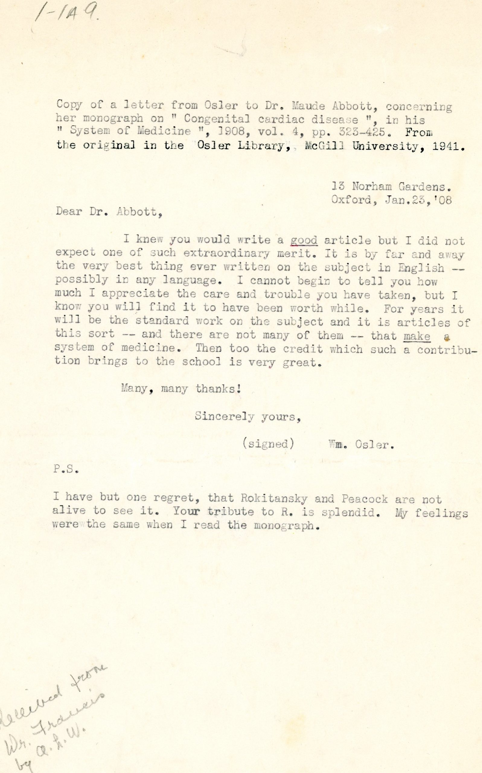 Copy of a letter from Dr. Osler to Dr. Maude Abbott dated January 23, 1908, black ink on sepia paper. The doctor congratulates her on the quality of an article she wrote.