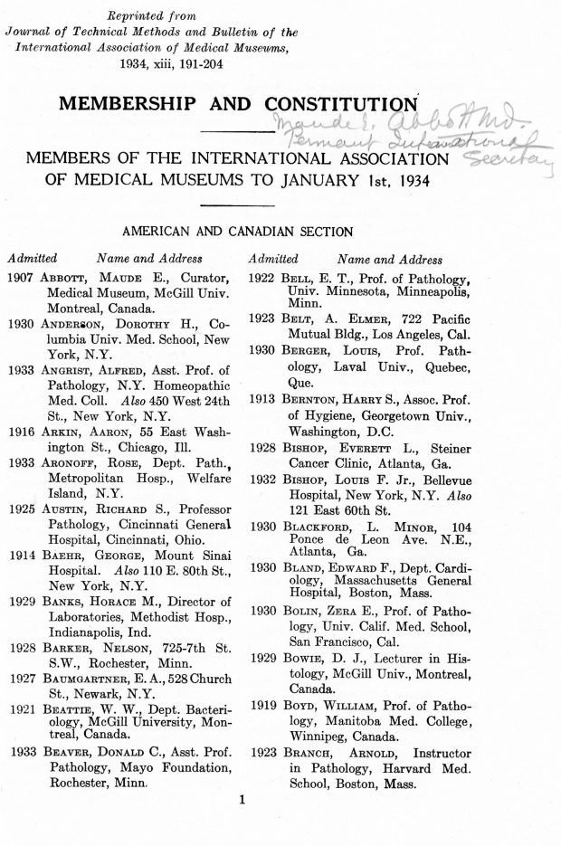 Page 1 of the list of members of the International Association of Medical Museums to January 1, 1934. Black ink on white paper. The list is in two columns and indicates the year of admission to the association, name and address. The first entry on this page reads “1907 – Abbott, Maude E., Curator, Medical Museum, McGill Univ. Montreal, Canada”. There is a handwritten note in pencil in the upper right corner of the page: “Maude E. Abbott md., permanent international secretary.”