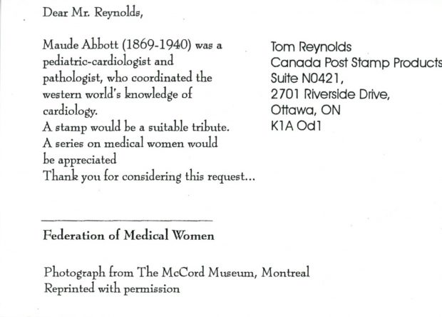 Back of the Maude Abbott postcard created by the Federation of Medical Women.