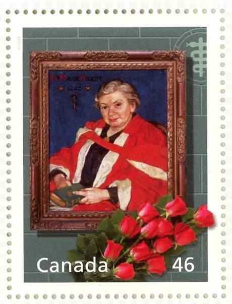 Maude Abbott tribute stamp, colour. It shows a wooden-framed painting of an elderly Maude Abbott wearing a red gown and holding a book, with the inscription “Dr. Maude Abbott 1940” to the left of the portrait. The painting is in front of a grey-green brick wall with the Rod of Asclepius to the right. In front of the painting are 12 red roses, and “Canada” and “46” are written in white in the lower left and right corners.