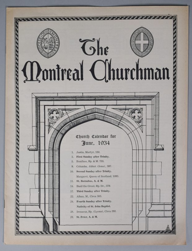 Cover of The Montreal Churchman of June 1934, black ink on sepia paper. The top of the page contains the title “The Montreal Churchman”. To the left of the title is the coat of arms of the Diocese of Montreal. Below the title is a drawing of a stone doorway with a pointed arch, inside which is written “Church Calendar for June, 1943” followed by a list of events for the month.